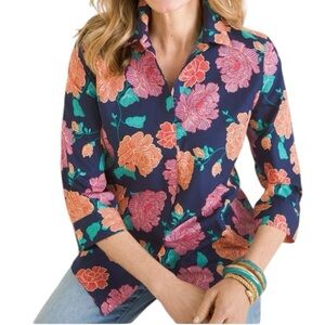Chicos No-Iron 3/4 Sleeve Floral Button Down Top Blouse Size 4-6 Small Mature